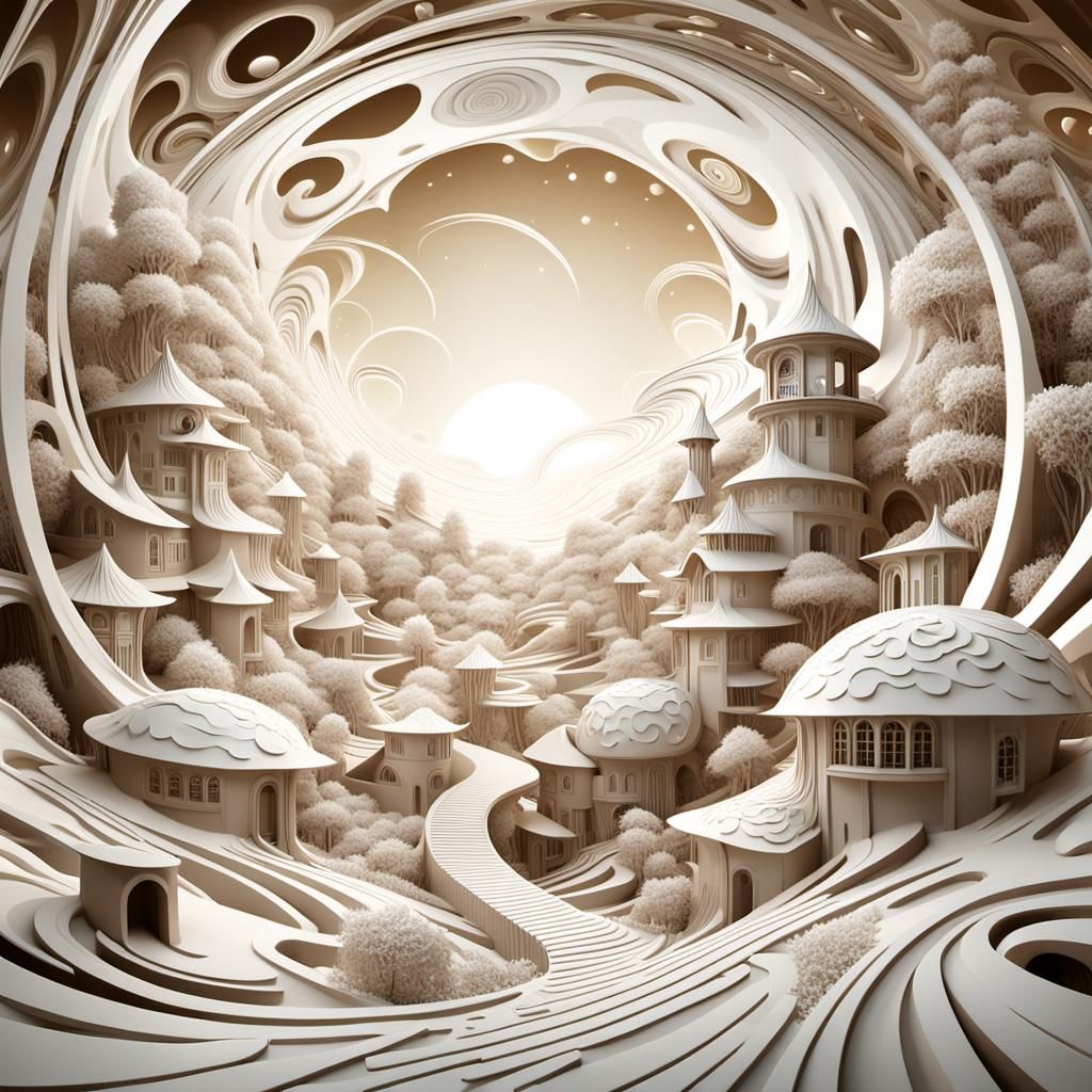 Vibrant Fractal Landscape in M.C. Escher Style