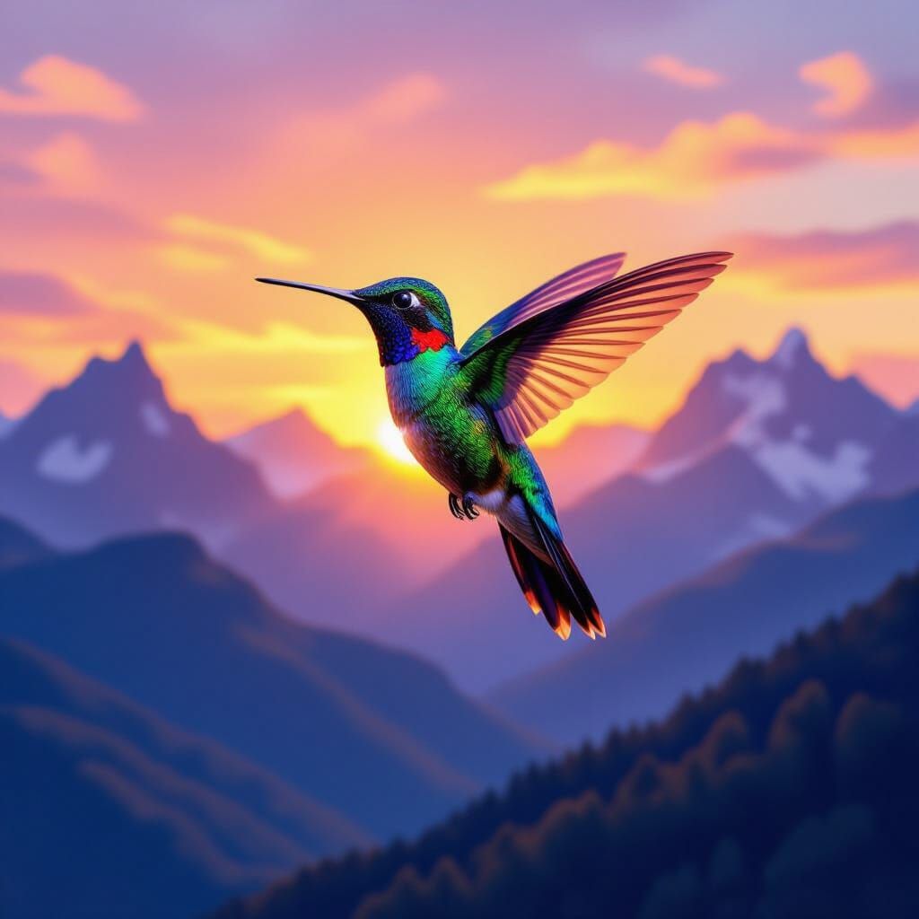 Majestic Hummingbird in Golden Hour Mountain Scene
