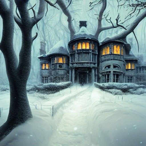 Haunted Mansion in Snowy Forest: Anime Art