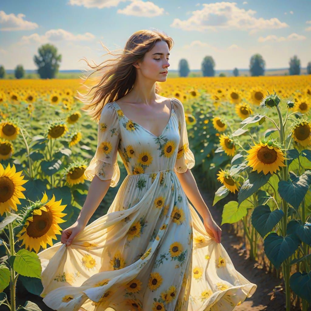 Ethereal Woman in a Vibrant Sunflower Field