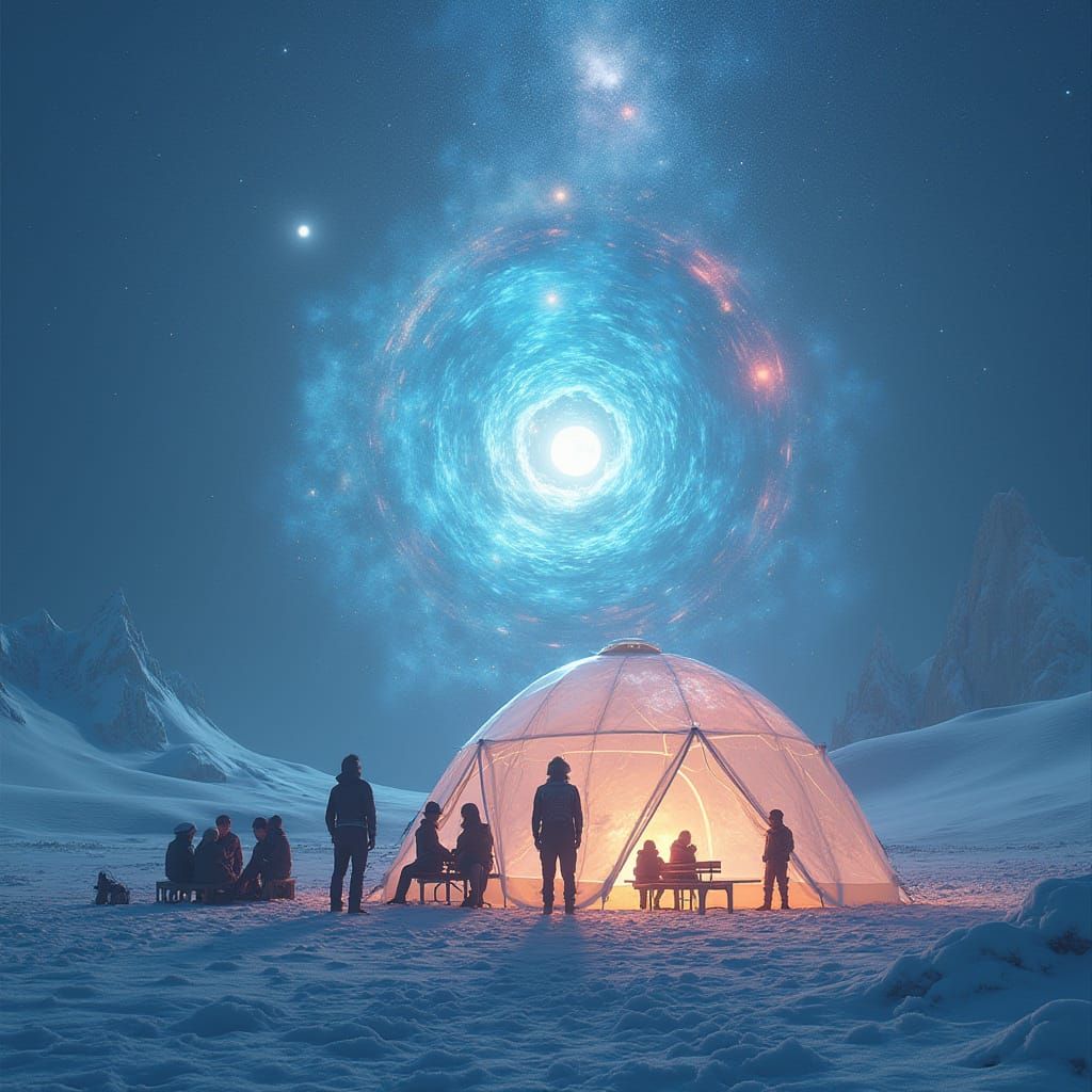 Ethereal Winter Campers in a Shifting Realm