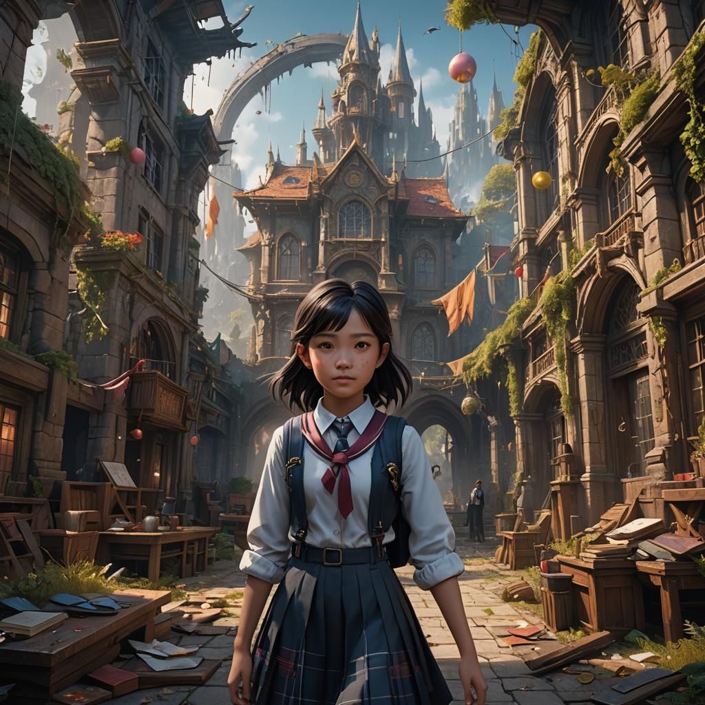 Overwhelmed Schoolgirl in Detailed Matte Painting Style