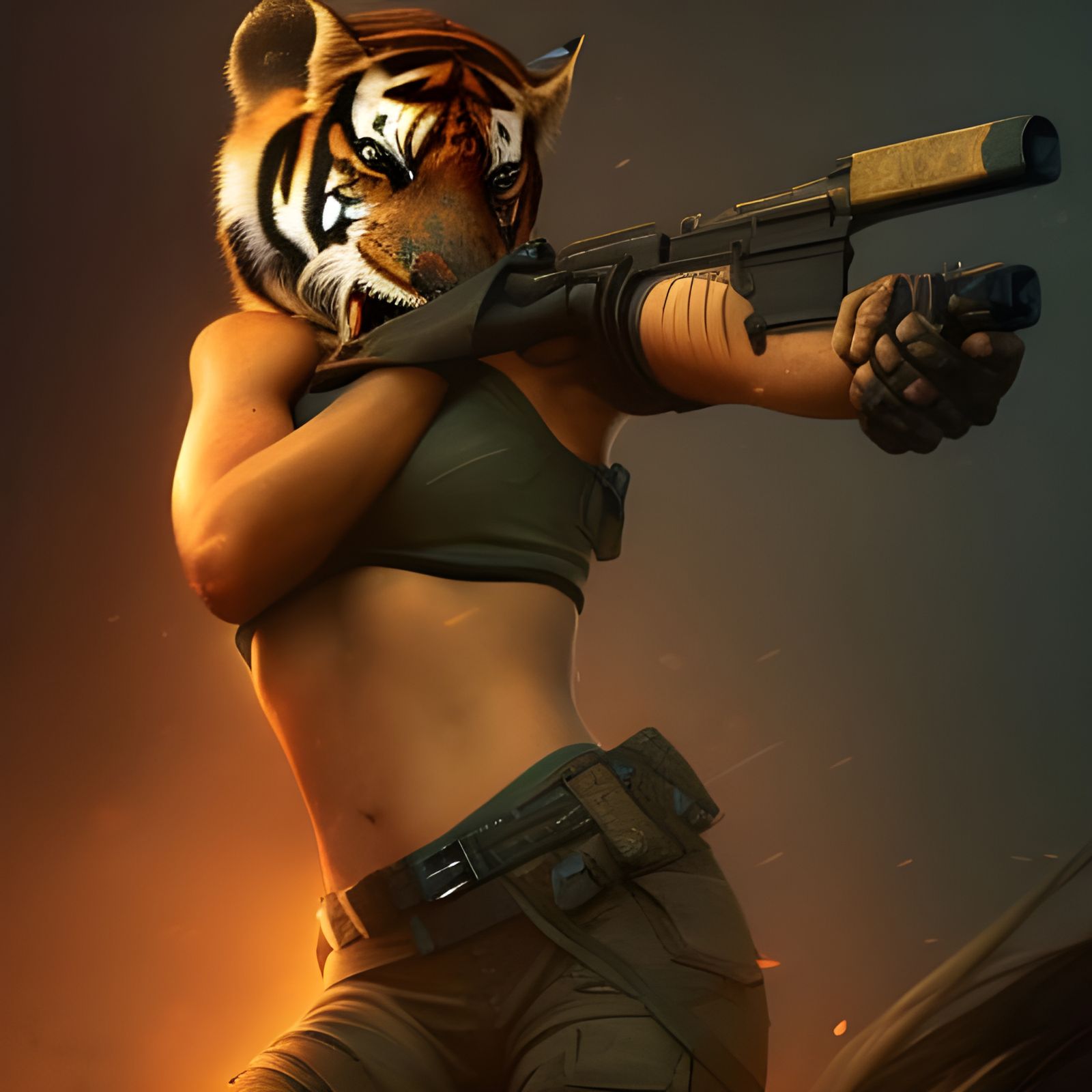 Lara Croft with Tigress Head: Dark Fantasy Concept Art