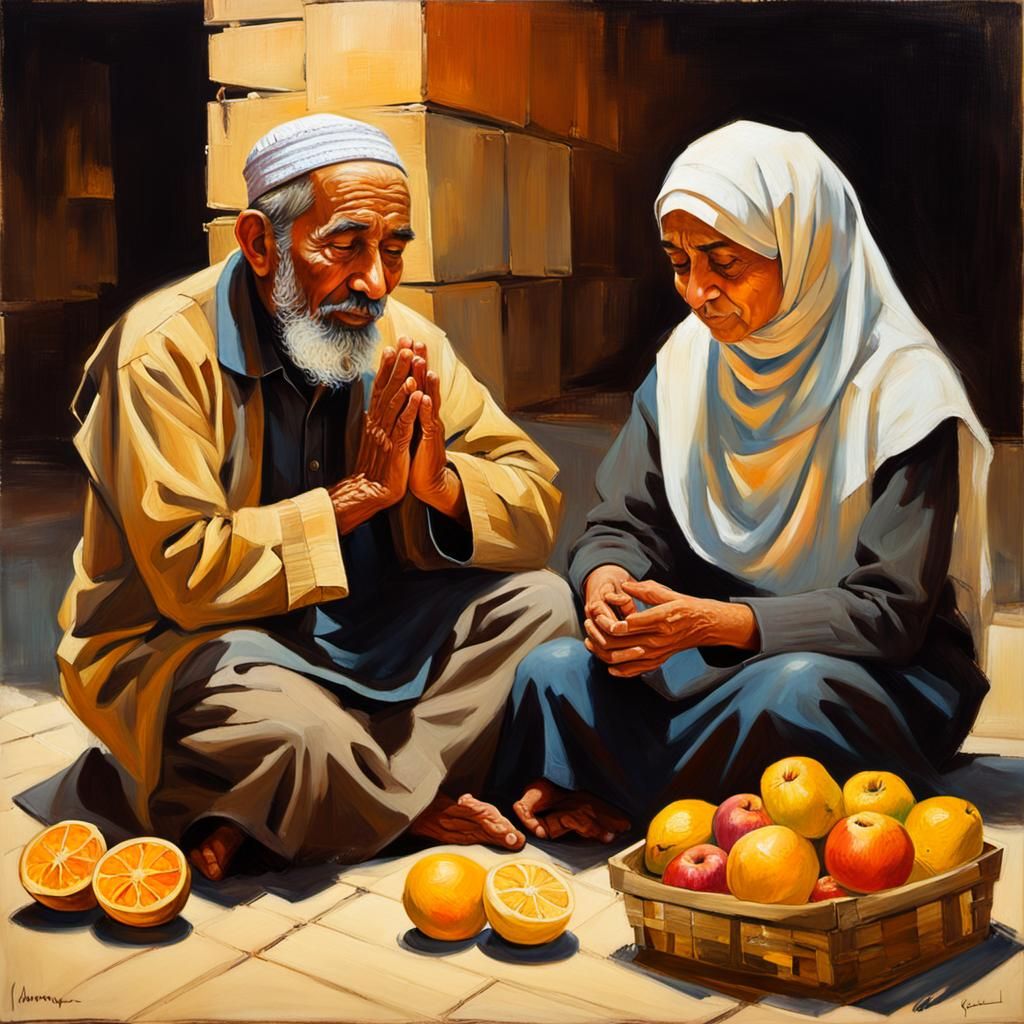 Muslim Couple Praying in Market: Oil Painting