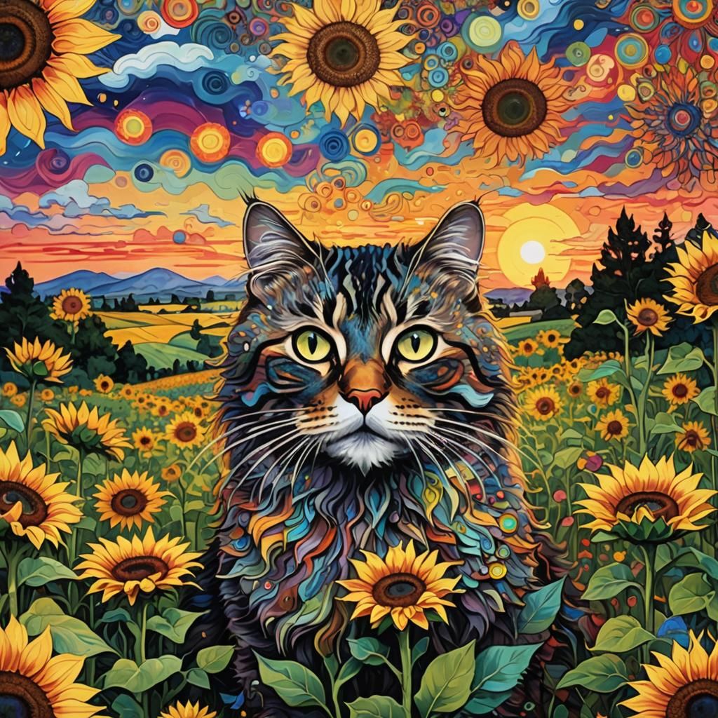 Rainbow Cat in Monet Sunflower Field: Ukiyo-e Style