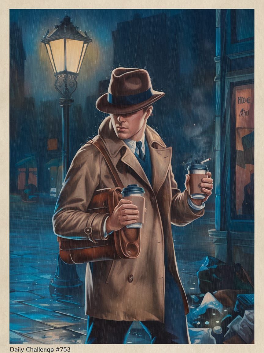 1940s Noir Detective in Rainy City Illustration