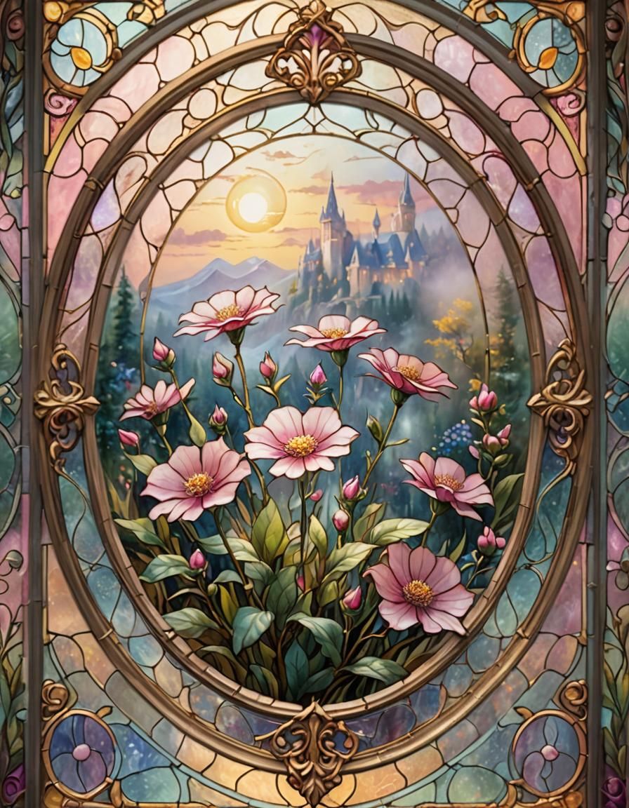 Pink Flower Stained Glass in Magical Realism Style