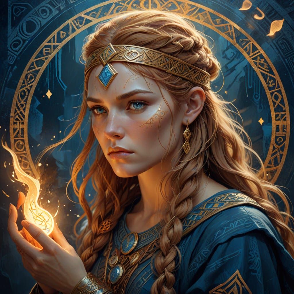 Viking Woman Studies Runes in Art Nouveau Style
