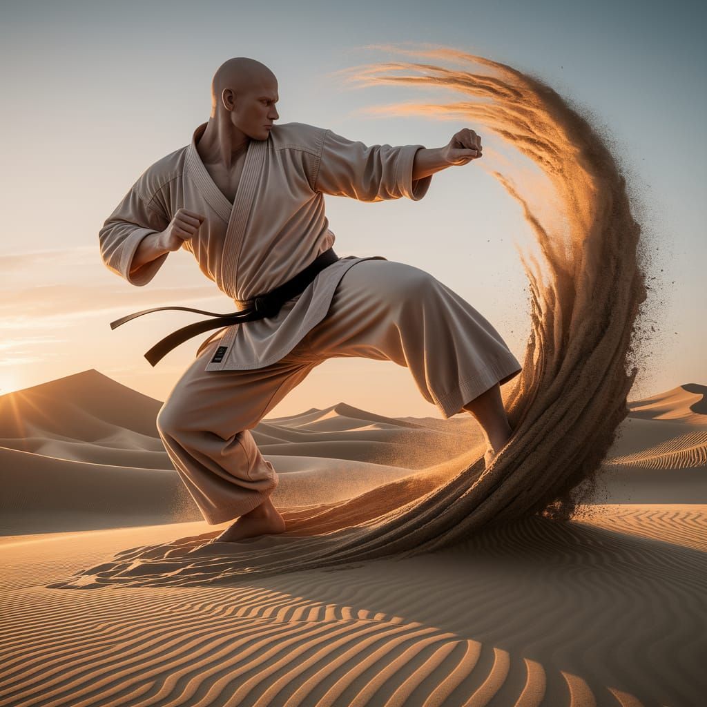 Sand Karateka Emerges from Dunes at Sunset
