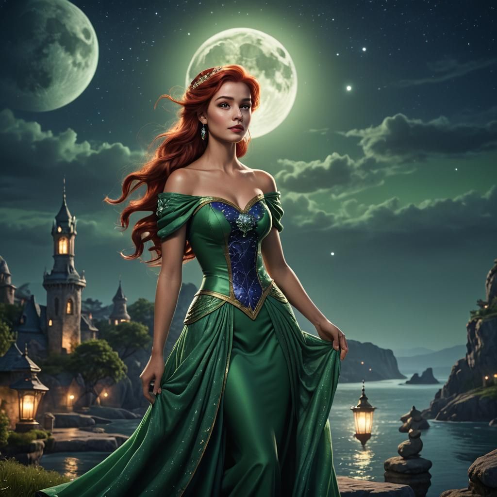 Ariel in Green Dress Under Full Moon