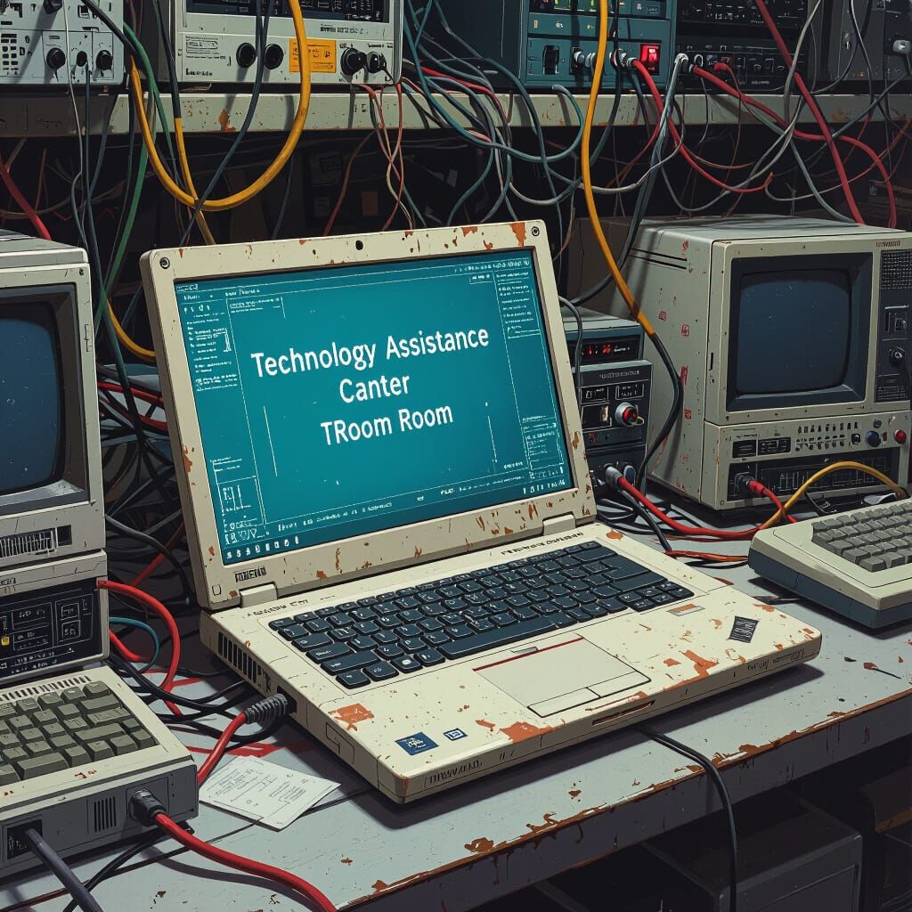 Worn Laptop in IT Room: Retrofuturistic Gritty Realism