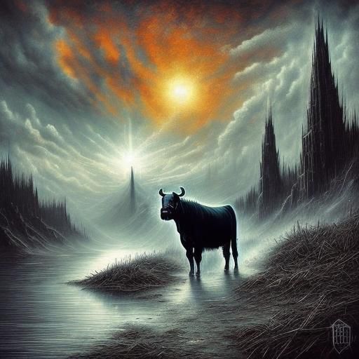 Frightened Cow in Ominous Landscape