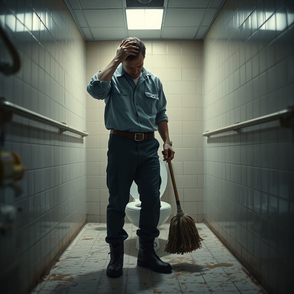 Weary Janitor Despair in Grimy Taco Bell Bathroom