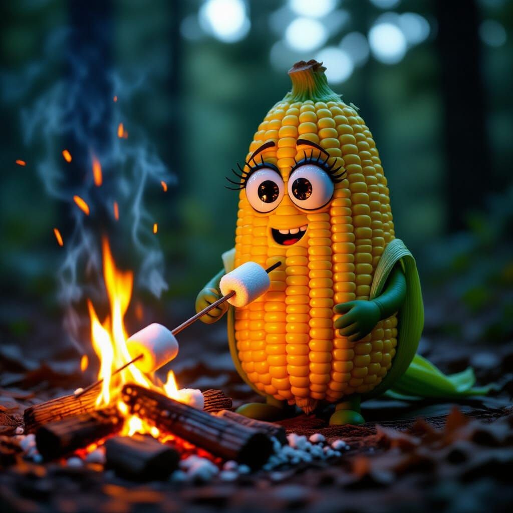Anthropomorphic Corn Roasting Marshmallow over Campfire