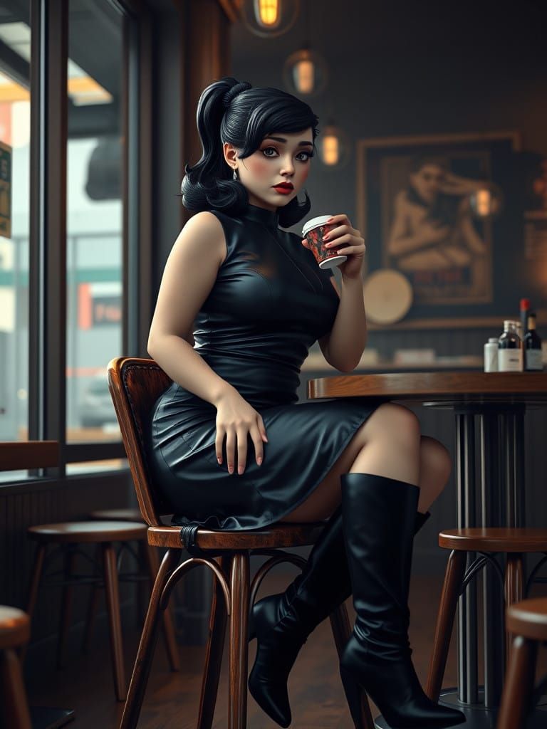 A Heartbroken Snow White Sips Coffee in a Dark Modern Cafe