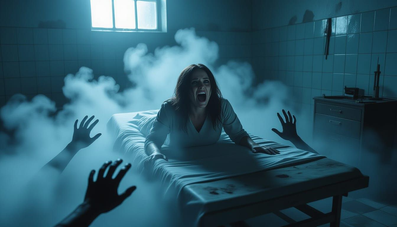 Horror Scene: Woman Screams on Asylum Table with Ghostly Han...