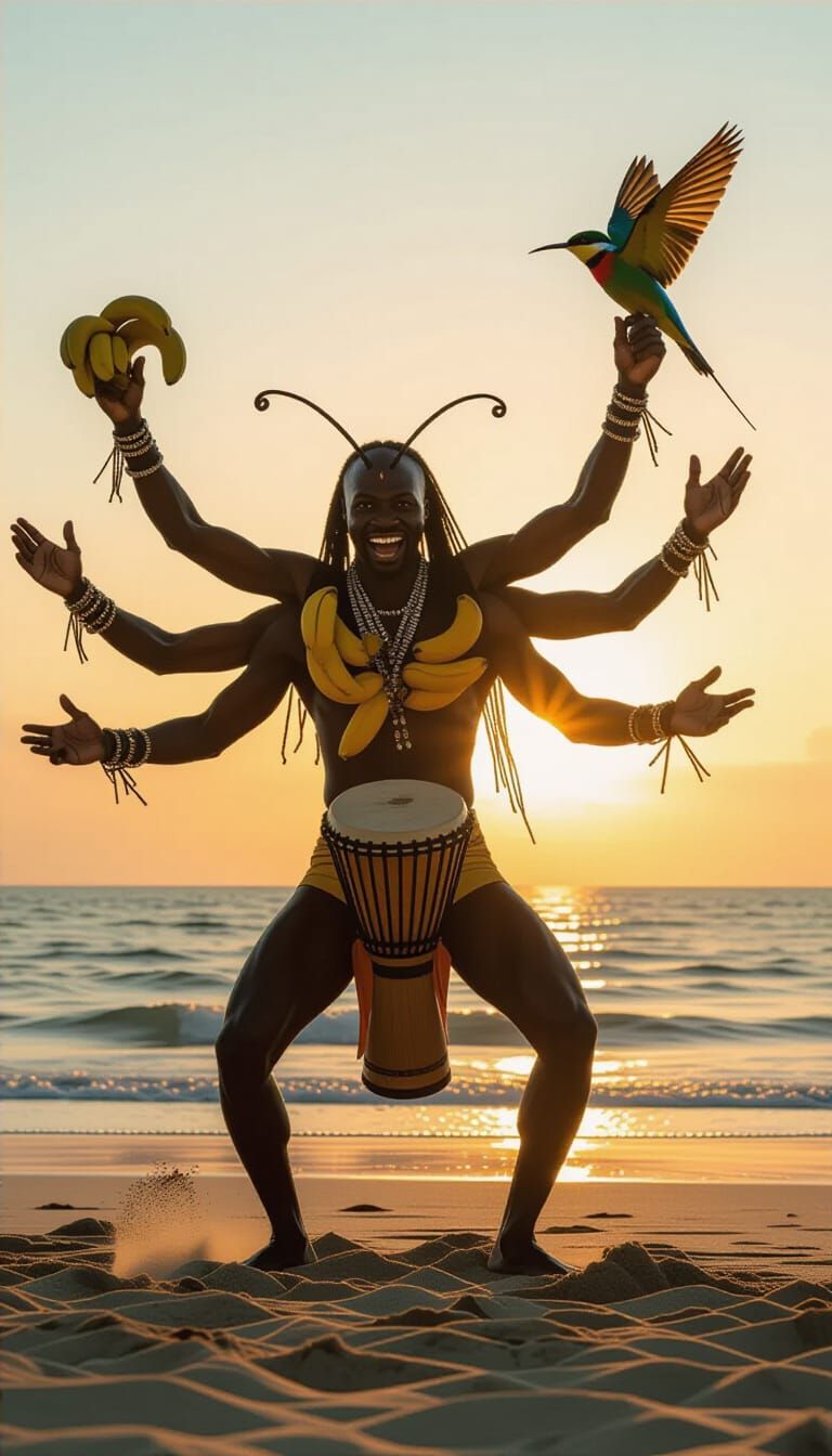 Anansi the Spider Celebrates at Sunset