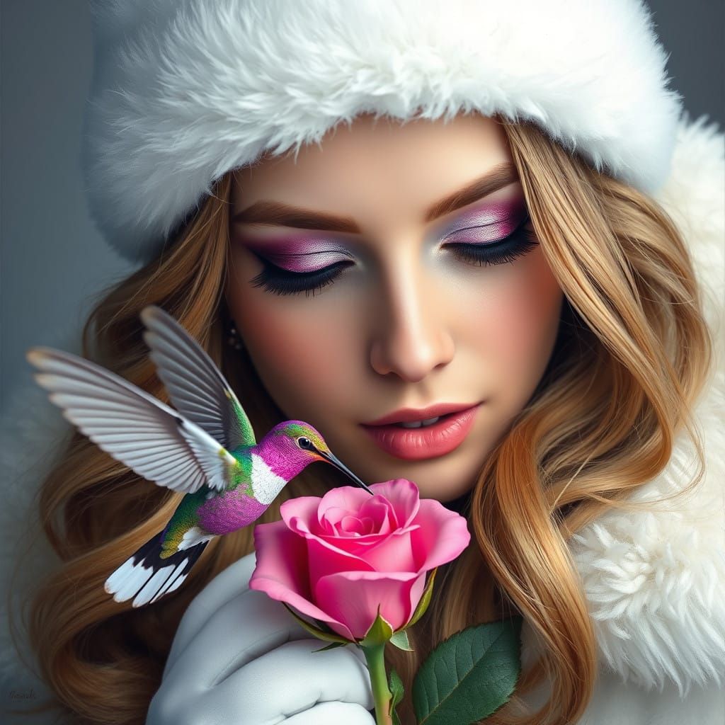 Realistic Portrait of Young Woman in Winter Coat with Hummin...