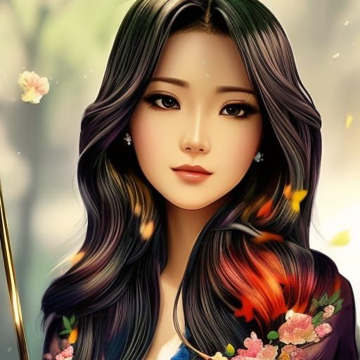 Anime Character in Spring Rain with Blossoms