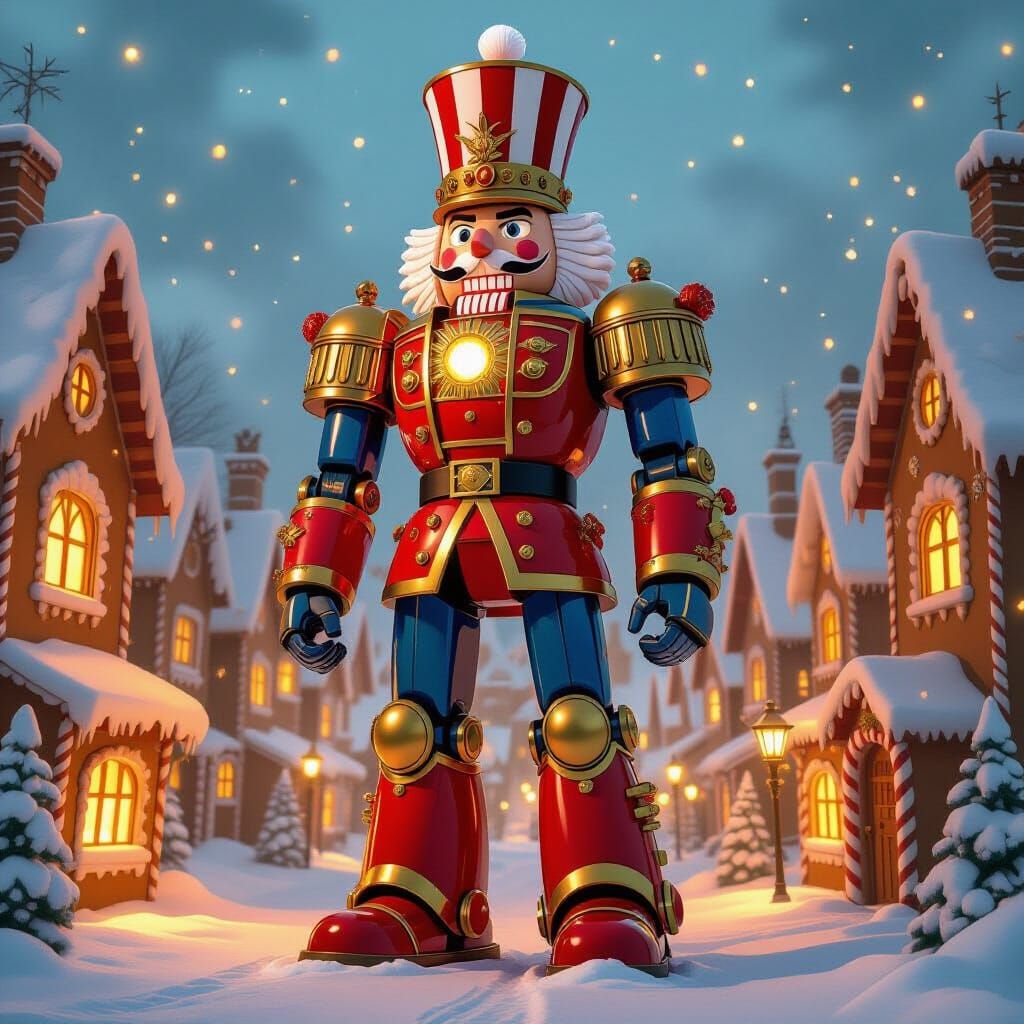 Nutcracker Robot Guards Whimsical Gingerbread City