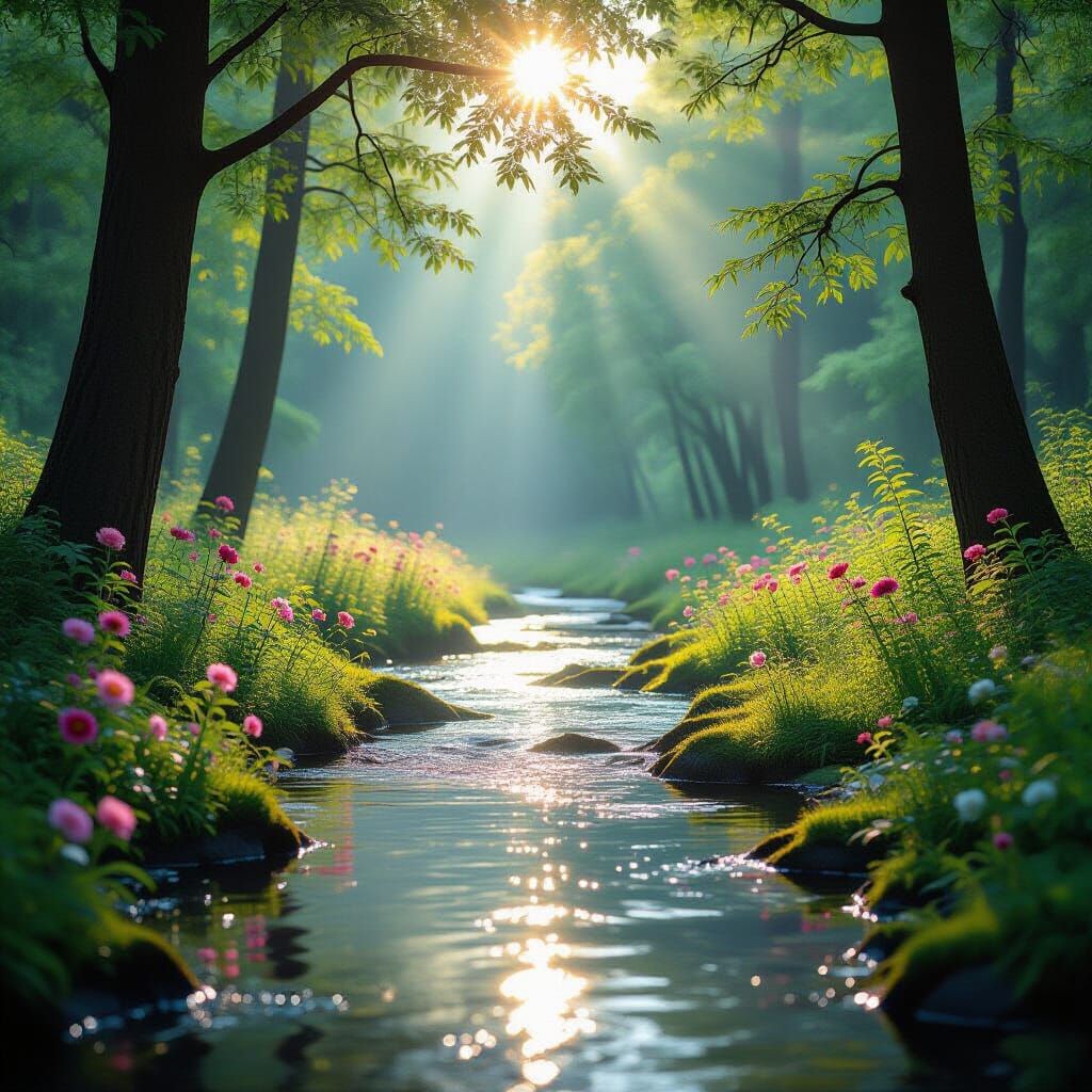 Serene Forest Path with Sunbeams and Flowers