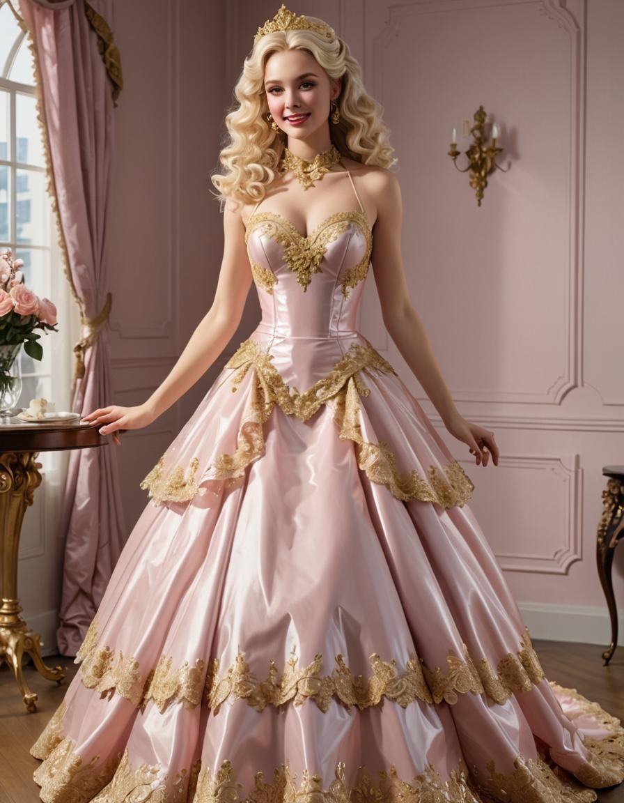 Blonde Woman in Pink Plastic Ballgown with Gold Lace Apron
