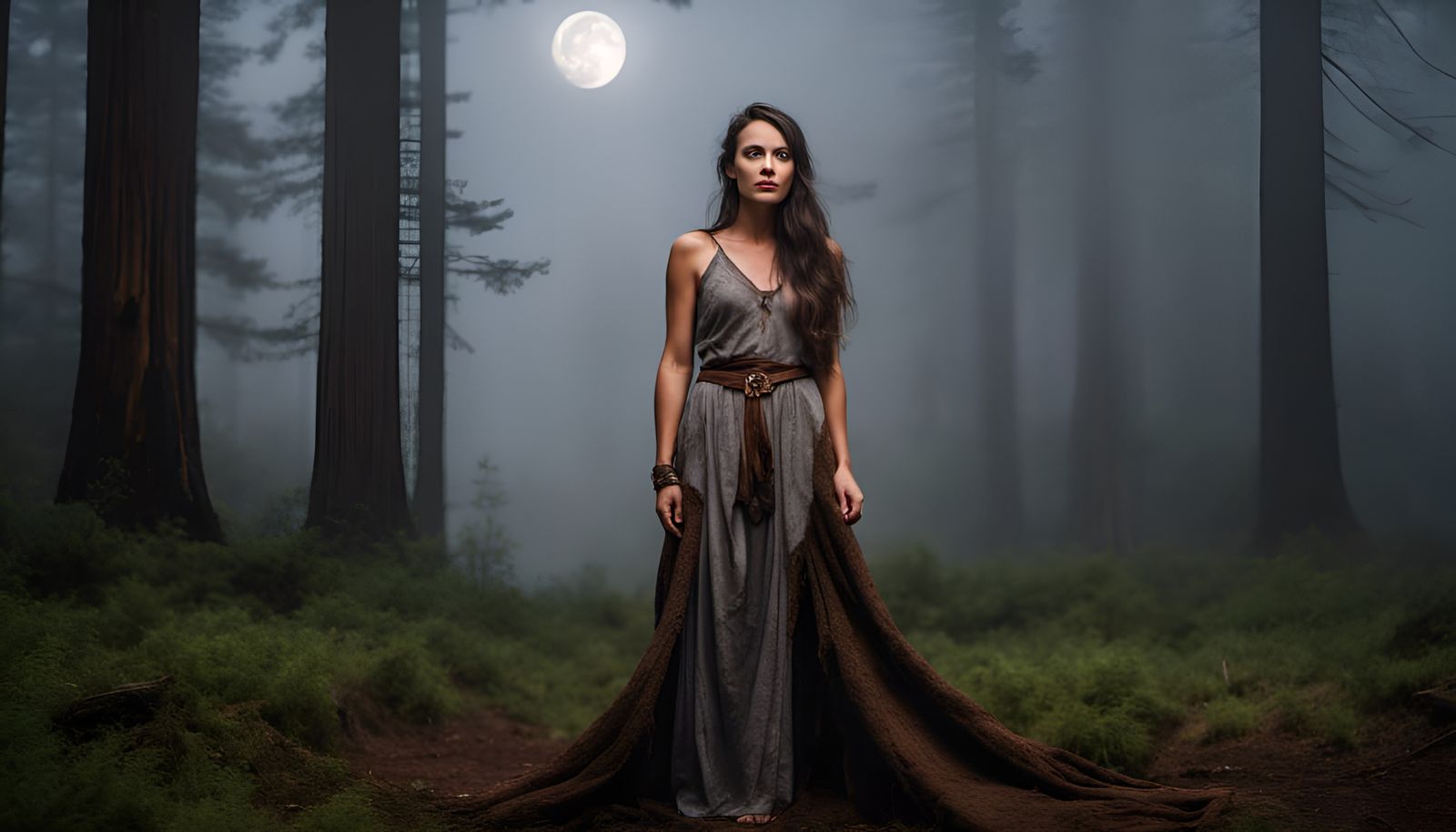 Moonlit Viking Woman in Redwood Forest Portrait