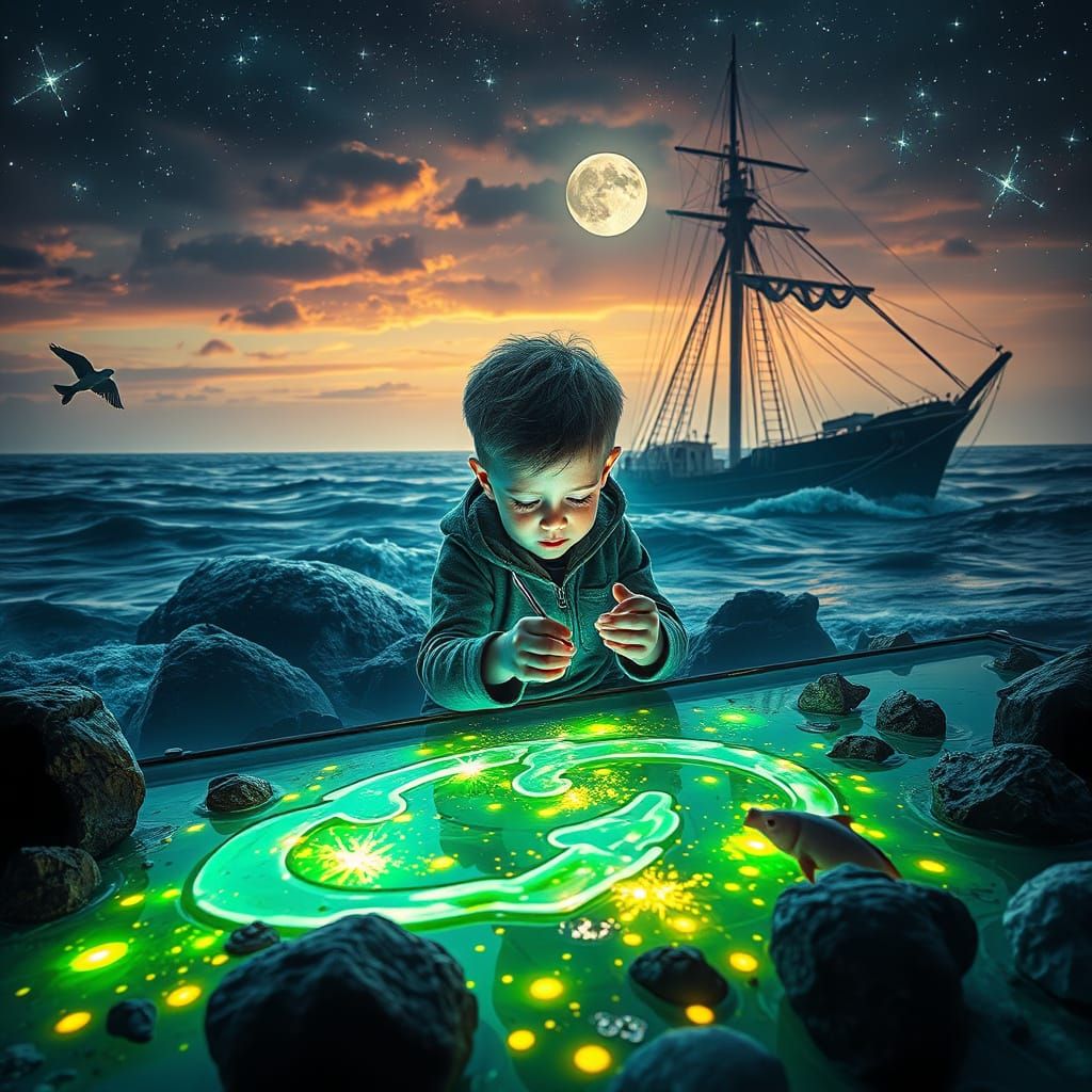 Child with Gills Creates Underwater Graffiti