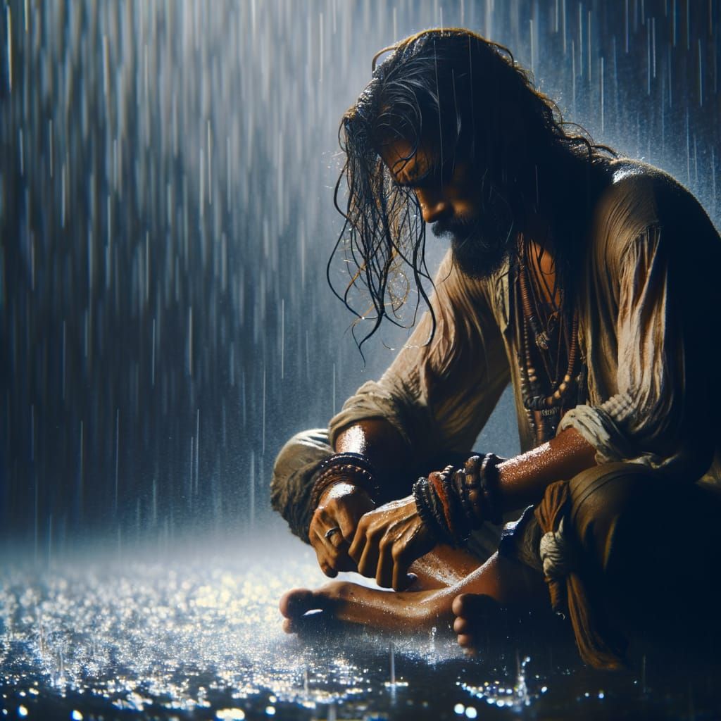 Man Contemplating in Torrential Downpour, Cinematic Style