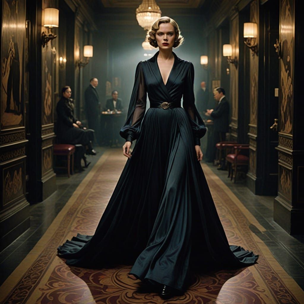 Woman in Flowing Gown in Smoky Twilight