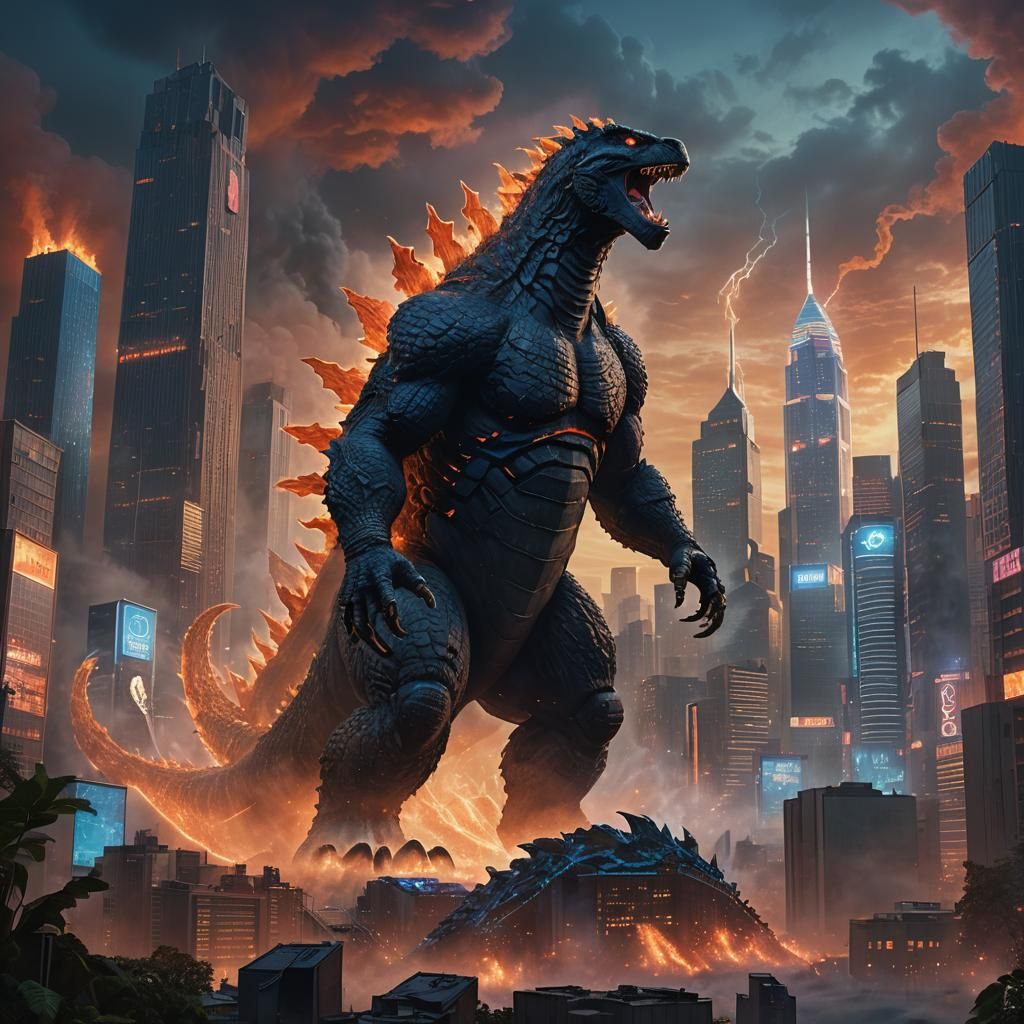 Godzilla Roaring in Mystical Metropolis at Dusk