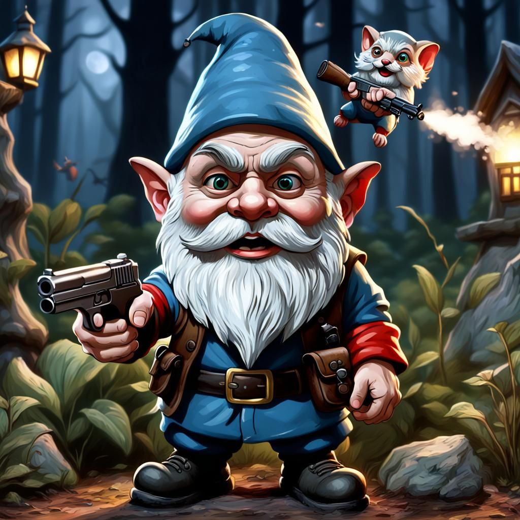 Evil Garden Gnome with Pistol in Moonlight