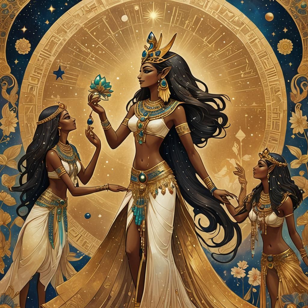 Golden Egyptian Goddesses Dancing in Art Nouveau Style