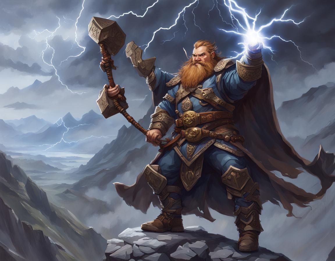 Lightning Dwarf Paladin on Stormy Mountain