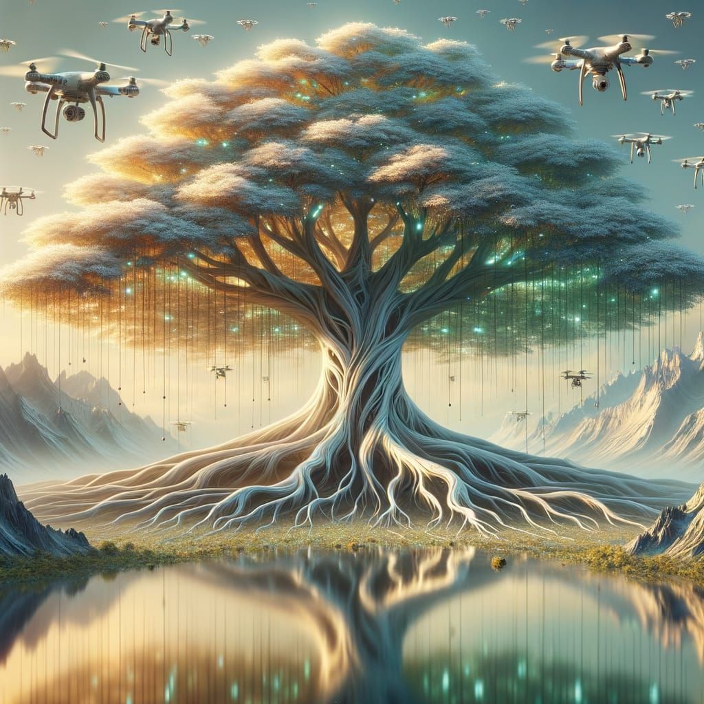 Ancient Tree Radiates Ethereal Glow in a Futuristic, Serene ...