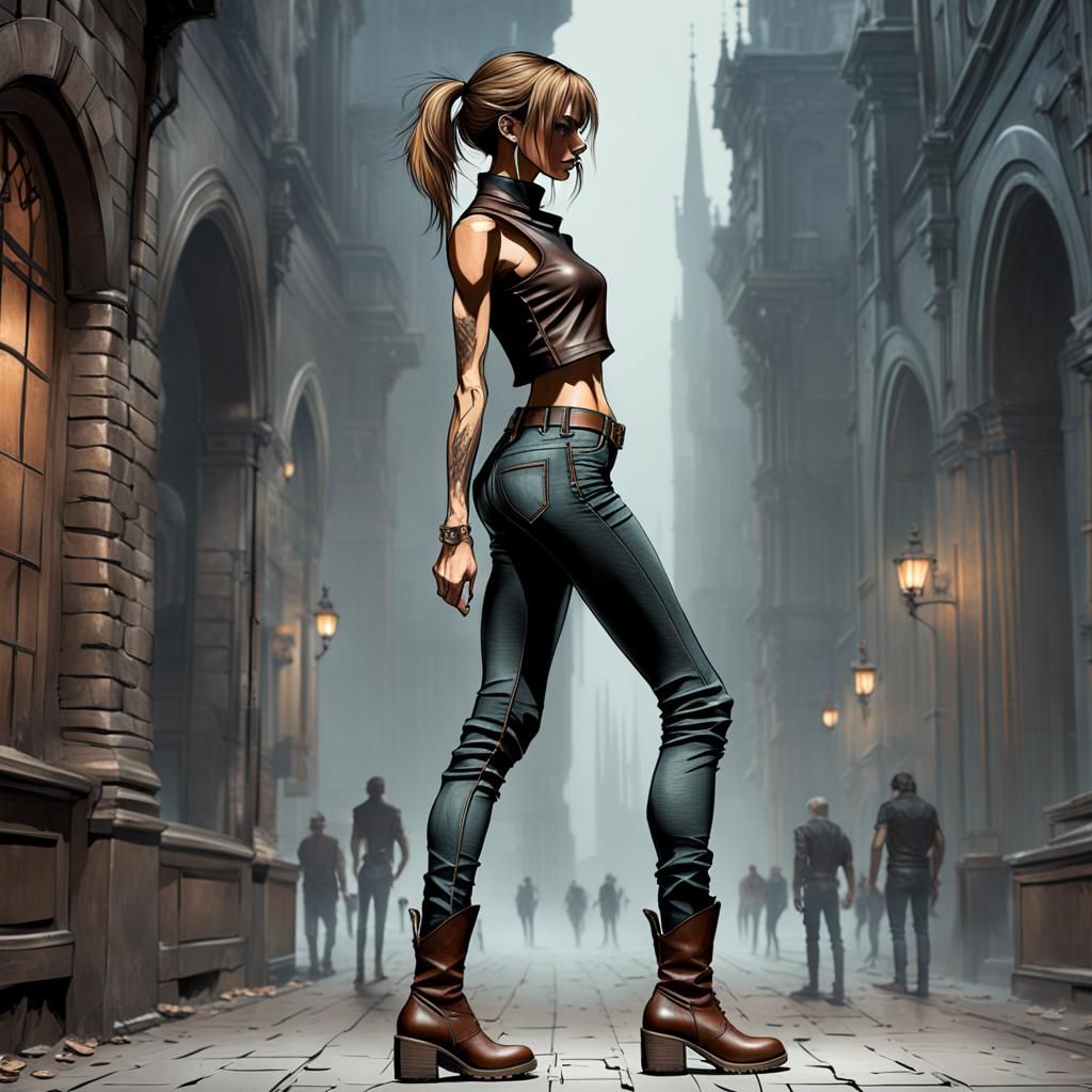 Athletic Woman in Leather, Comic Style