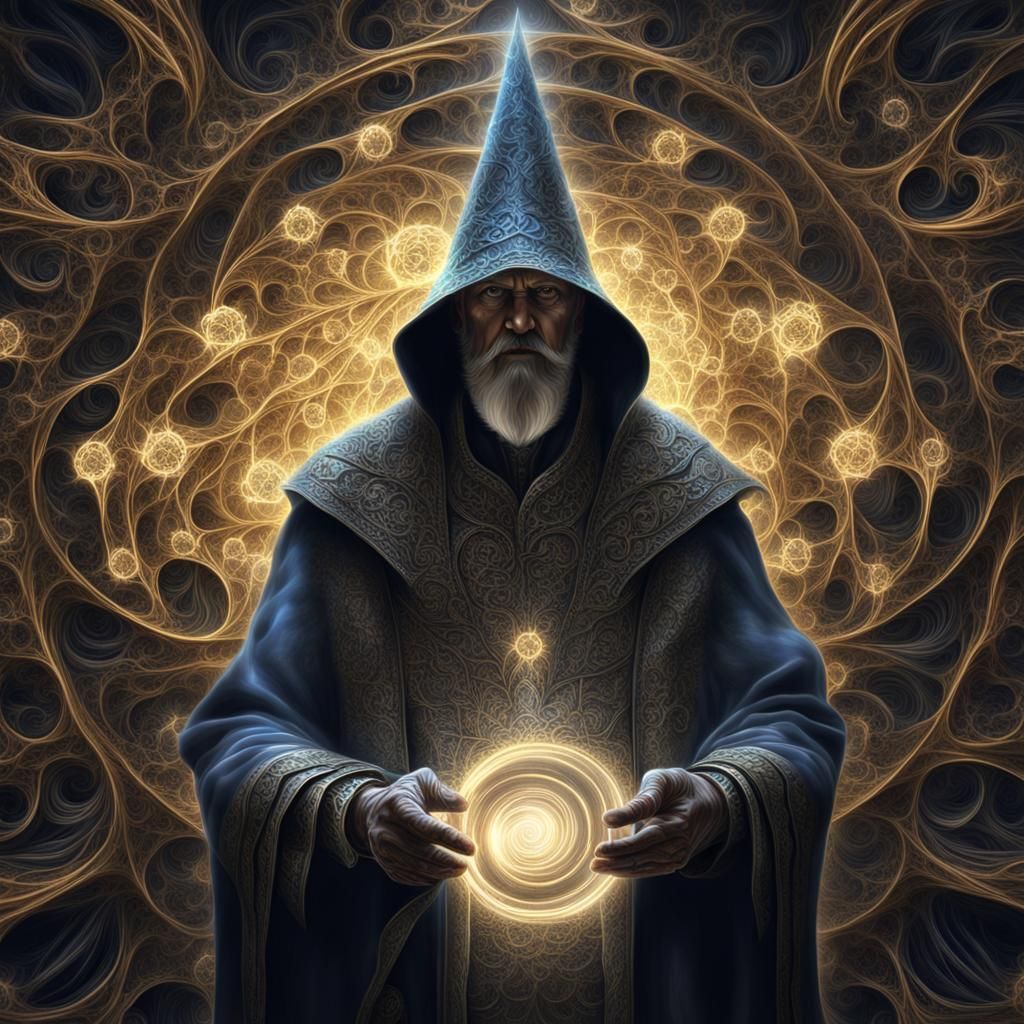 Fractal Wizard Casting Spell with Arcane Symbols