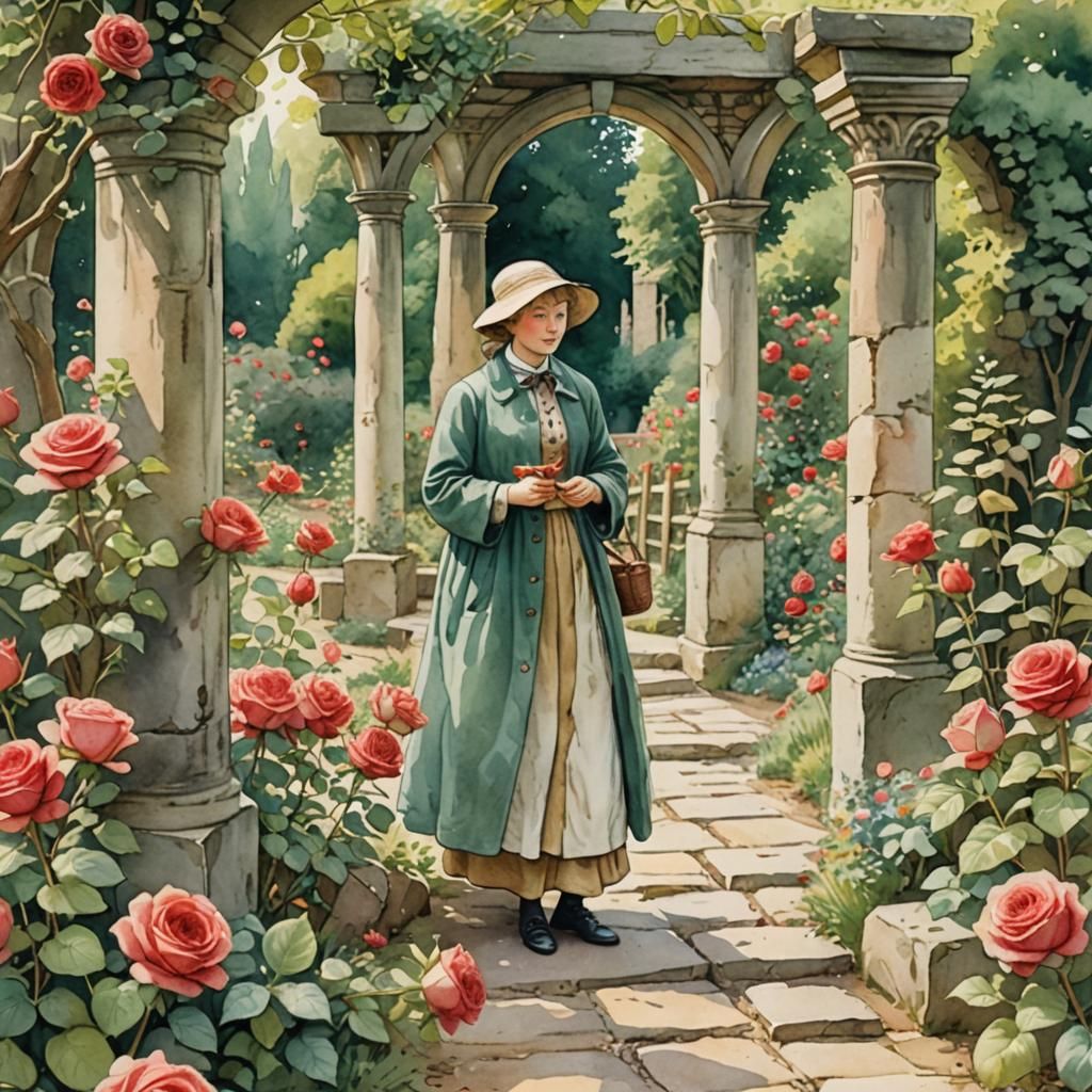 Beatrix Potter in a Whimsical Watercolor Garden