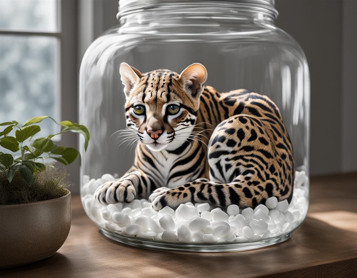 Ocelot Curled in Glass Jar Artwork
