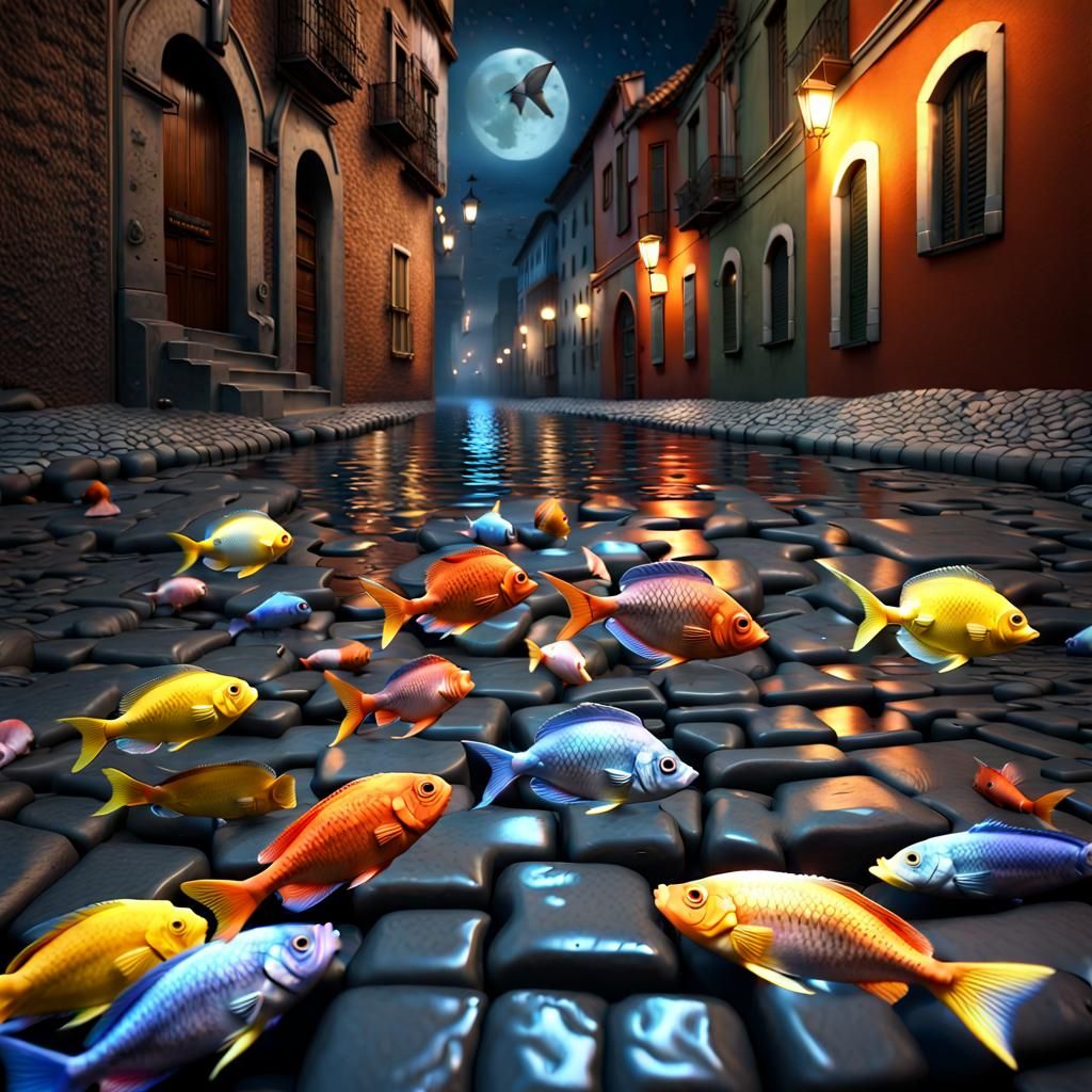 Fish Rain: Ornate Tropical Fish in Moonlit Alleyway