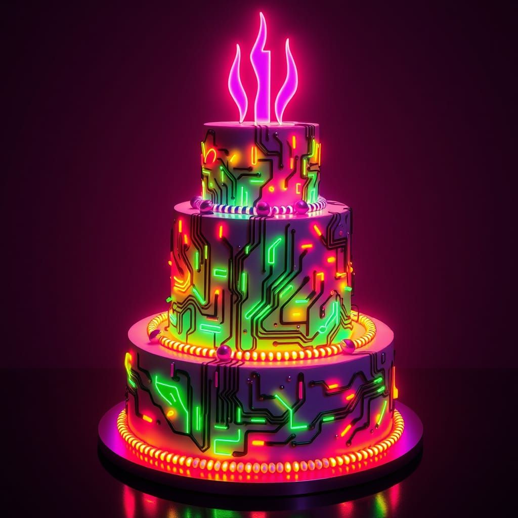Cyberpunk Three-Tier Cake with Neon Lights and Circuits