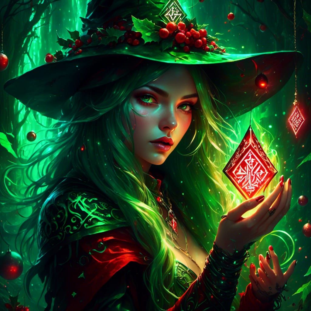 Enchanting Christmas Witch with Glowing Runes