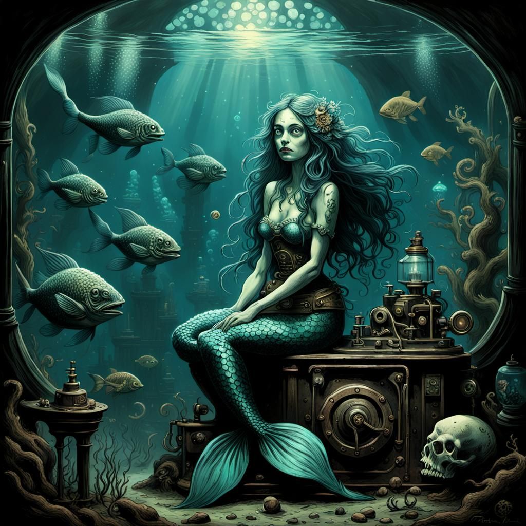 Steampunk Mermaid in Aquarium, Gothic Horror Style
