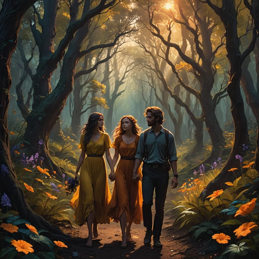 Ethereal Couple in Dark Forest, Fantasy Matte Painting