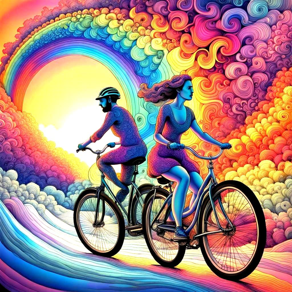 Psychedelic Sunset Bicycle Ride: Pen and Ink Art