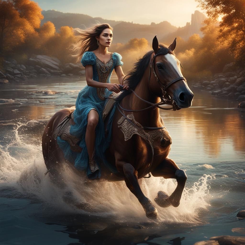 Woman on Mustang: Detailed Matte Painting