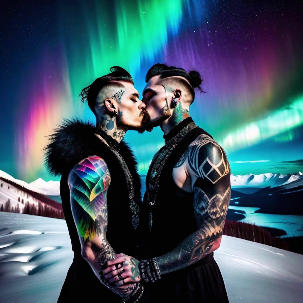 Goth Men Kissing in Winter Wonderland