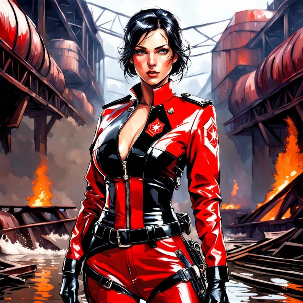 Beautiful Firewoman in Red Latex Uniform