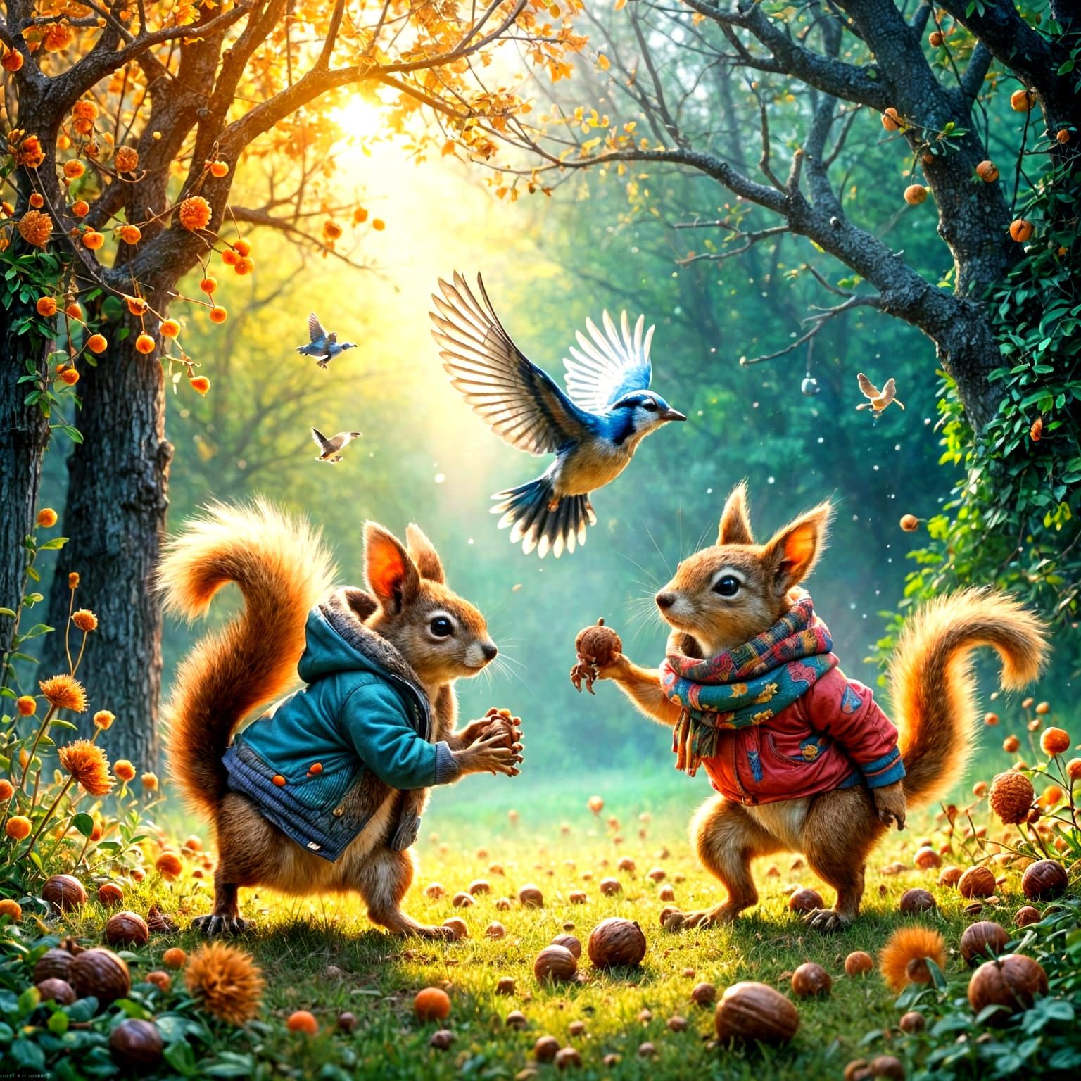 The morning grass is lit up by the sun across the dew. Two s...