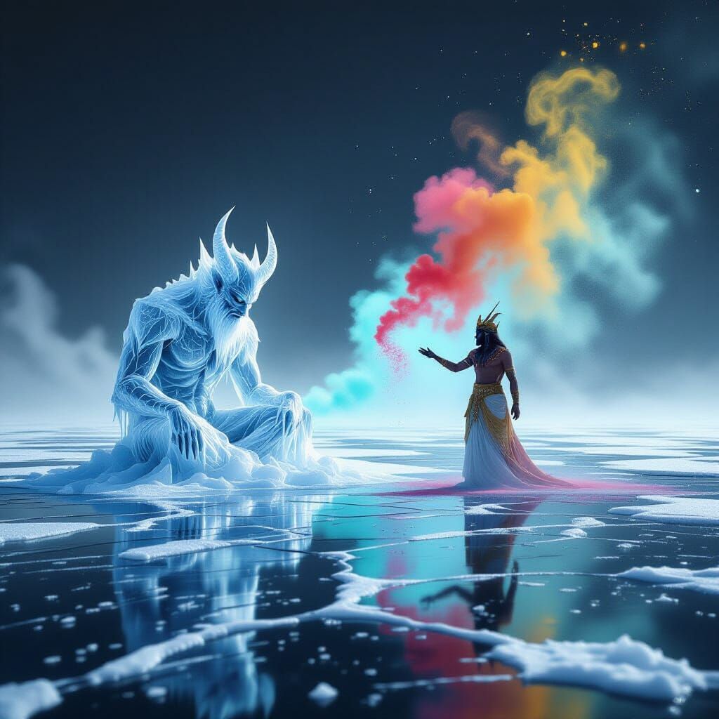 Juxtaposition. A demon made of ice slowly dissolves into aerogel filaments that drift like frozen smoke across a field o...